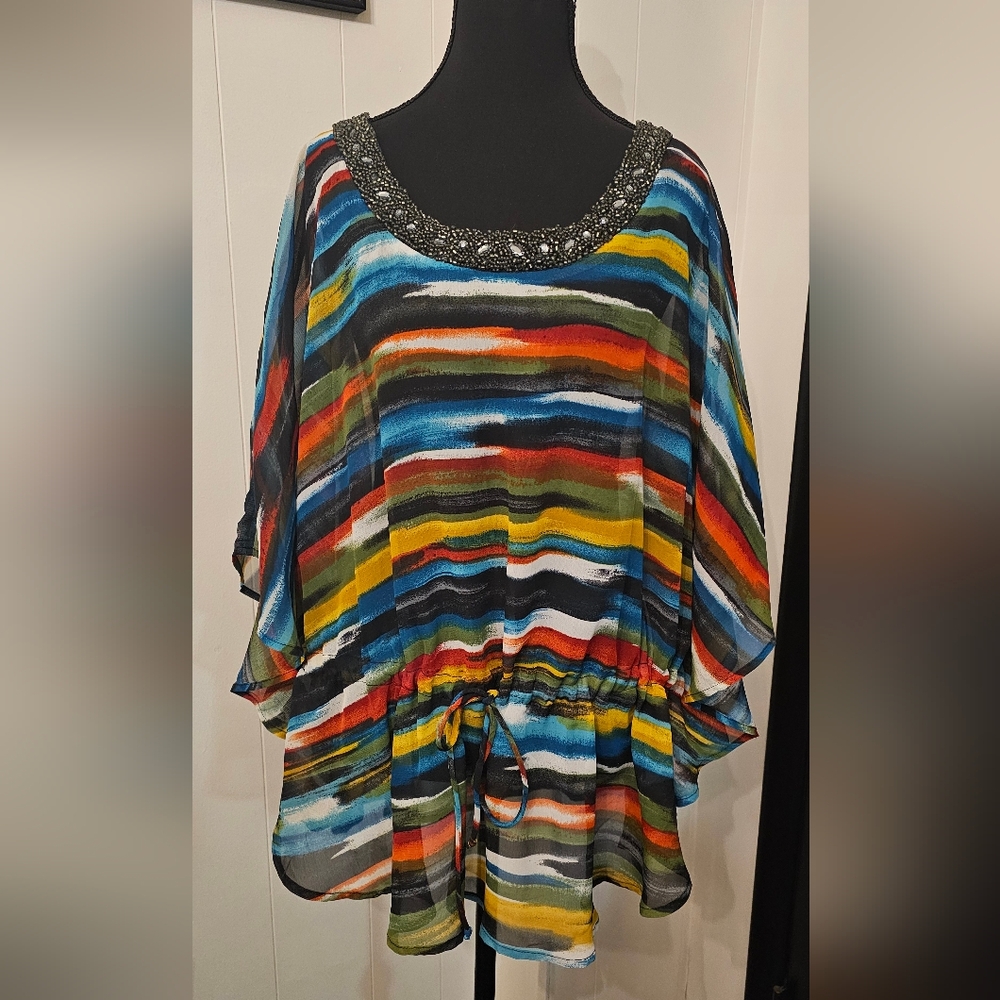 Lane Bryant Colorful Striped Blouse with Beaded Neckline 18 / 20